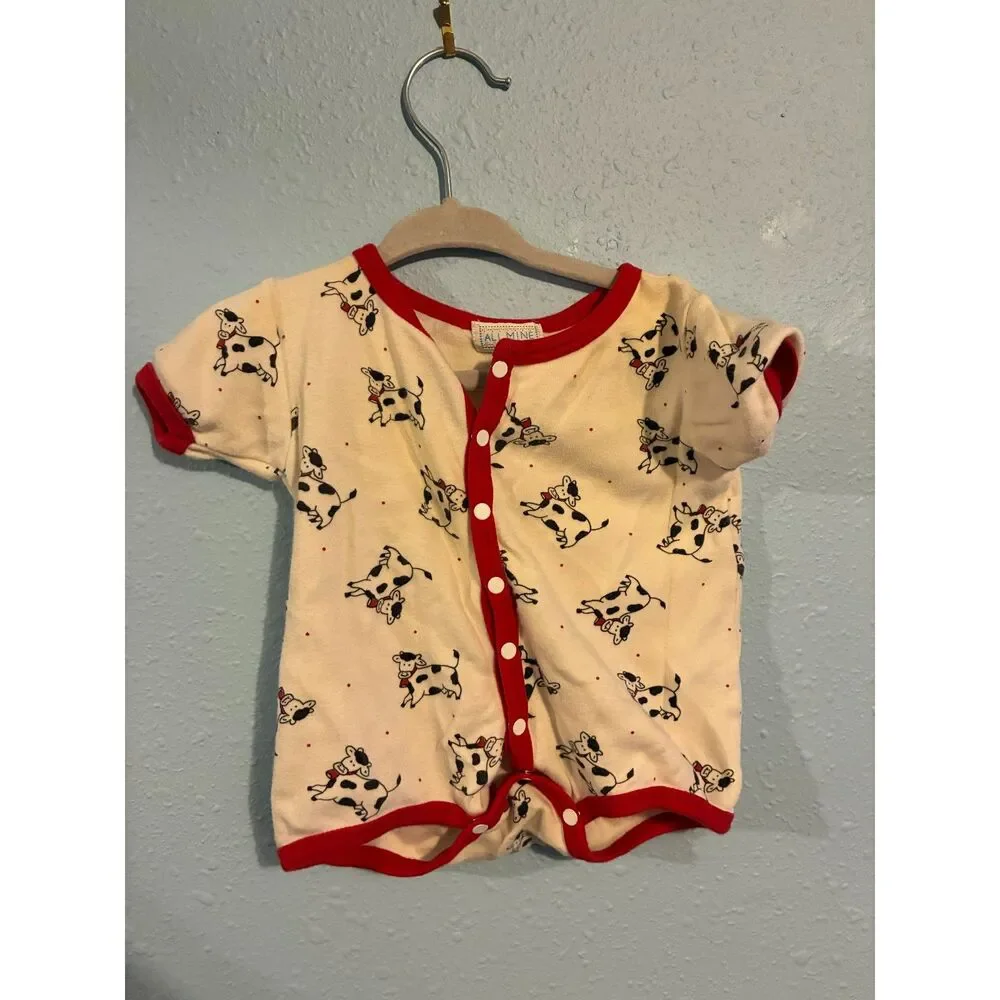 Vintage All Mine Baby Cow Print Romper Red Trim Short Sleeve One Piece